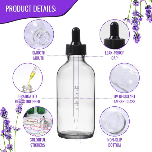 AuroTrends 4 oz Dropper Bottles, 24 Pack Transparent Glass Tincture Bottles with Dropper, Funnel & Stickers