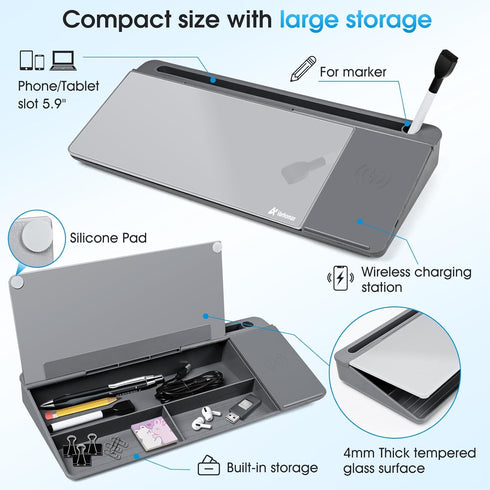 Varhomax Glass Desk Whiteboard with Wireless Charger, Dry Erase Board with Storage for Home and Office