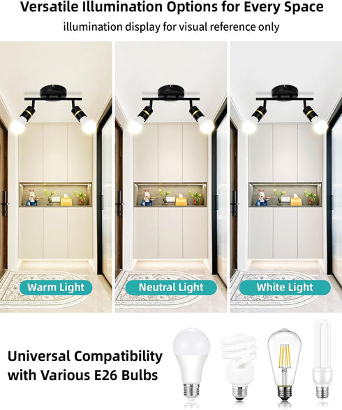 2-Light E26 Bulbs HiBay Track Lighting, Rotatable Ceiling or Wall Light Fixture, Modern Black Gold LED Spotlight Indoor