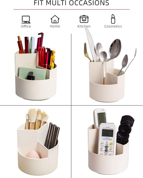 Desk Pencil Pen Holder, 3 Slots 360-Degree Spinning Organizer for Office, Art Supply, Cute Pencil Cup, White