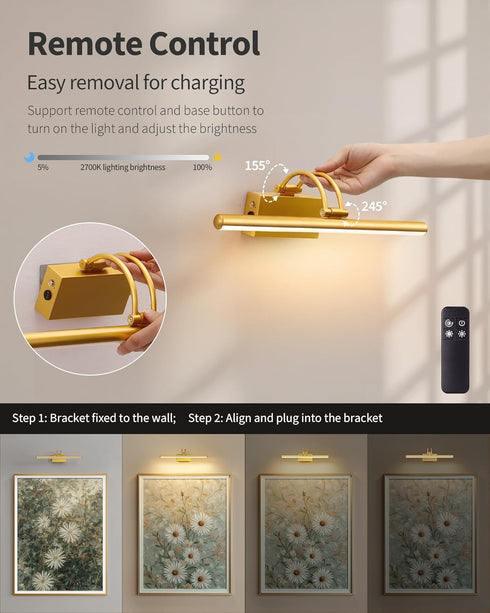 5200mAh Dimmable 16.3 inch, KDG LED Cordless Wall Picture Light with Remote, Rechargeable Art Lighting, Adjustable