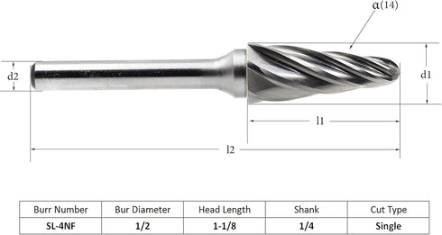 Carbide Burr SL-4NF Aluminum Cut Carbide Cutter Burrs File (1/2 Inch Head Dia X 1-1/8 Inch Cutter Length) 1/4" Shank