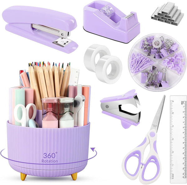 SKYDUE Purple Office Supplies Set, 10PCS Purple Desk Accessories, Pencil Holder, Stapler, Tape Dispenser, Scissors
