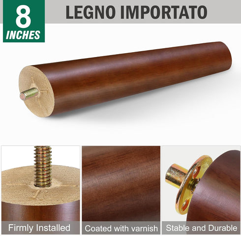 FoDau770 8 Inches, Set 4, 5/16" Brown Rubber Wood Furniture Legs Slant Tapered Wood Feet Mid Century Sofa Legs of UNC