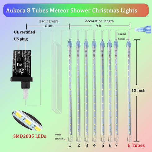 12 inch 8 192LED Aukora Christmas Lights Outdoor Meteor Shower Falling Rain Lights Tubes Snowfall Cascading Icicle