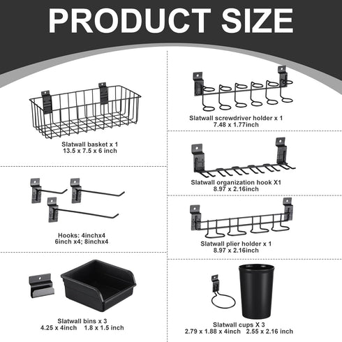 28 Pcs Slatwall Accessories Organizer Kit, Slatwall Hooks, Bins, Cups, and Basket for Garage Kitchen Organization