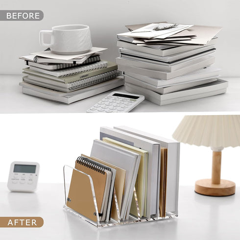 4-Section SANRUI Acrylic Desk File Sorter Organizer Holder, Clear Vertical Letter File Folder Rack, Notebook Magazine