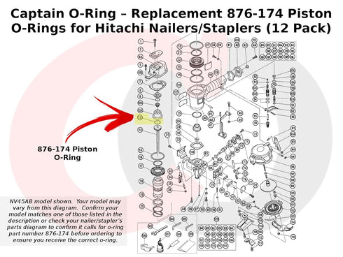Captain O-Ring, Replacement 876-174 Piston O-Rings for Select Hitachi Nailers/Staplers, 12 Pack