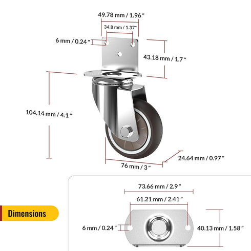 3 Inch Set 4 660 LBS,Ideal HOLKIE Caster Wheels Heavy Duty with Thickened L Shaped Plate,Swivel Side Mount Casters