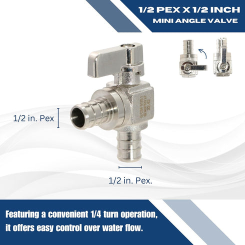 1/2 Inch Pex Mini Shut Off Angle Ball Valve - Full Port, 1/4-Turn, Brass, 1 Piece