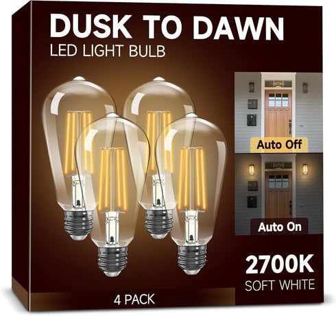 Dusk to Dawn Outdoor Light Bulbs, 6W Equivalent 60W ST64, 2700K Soft White, 600LM LED, E26 Base, 4 Pack