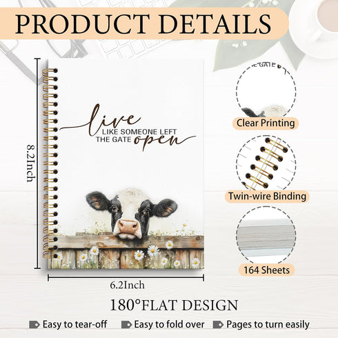 JRTW 5.5x8.3 Inch Live Like Someone Left the Gate Open Inspirational Cow Notebook Journal, Cow Lover Gifts