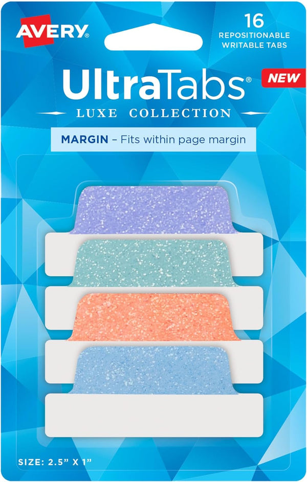 Avery Margin Ultra Tabs, 2.5" x 1", 16 Repositionable Page Tabs, Pastel Sparkle Shimmer Designs (74150)