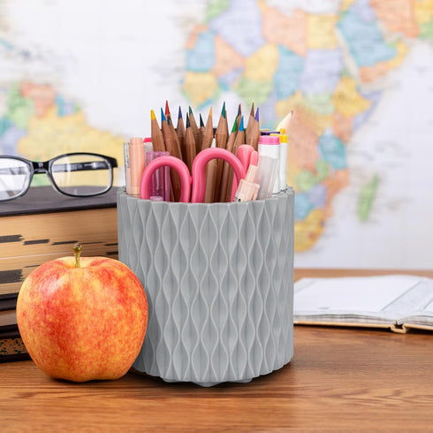 Desk Pencil Holder - 360° Rotation, 5 Slot Supplies for Women, Aesthetic Office Accessories (Grey)