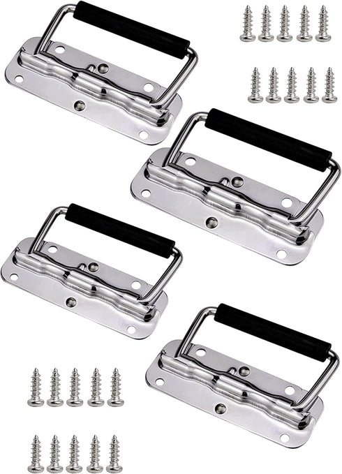 4Pcs Stainless Steel Folding Spring Handle for Toolbox, Suitcases, Equipment Cabinet Pull Drawer Knobs, Free Screws