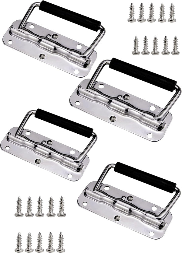 4Pcs Stainless Steel Folding Spring Handle for Toolbox, Suitcases, Equipment Cabinet Pull Drawer Knobs, Free Screws