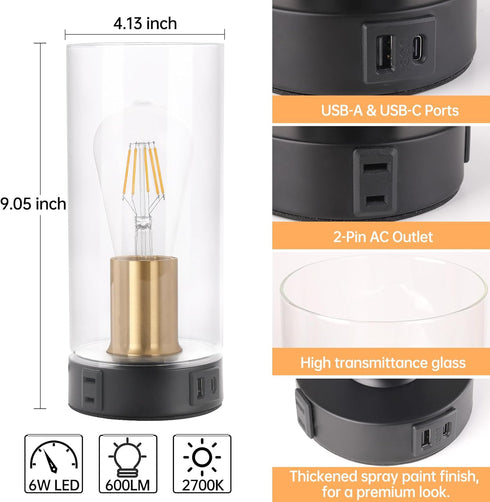 Dimming Industrial Bedside Table lamp for Bedroom -Touch Lamp with USB-A+C Charging Ports & AC Outlet. Nightstand Lamp
