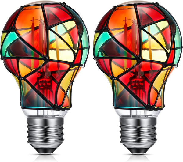 2 Pcs Stained Glass LED Light Bulb E26 Base, Colorful Flickering Lightbulb for Christmas Home Decoration (A60)