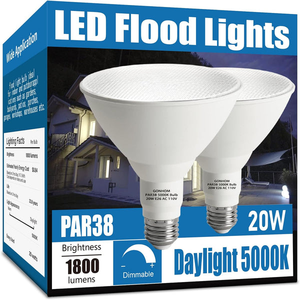 Par38 LED Flood Lights Outdoor Bulb 2 Pack, Dimmable 5000K Daylight 1800LM, 20W Replace up to 200W, Outdoor Flood Light