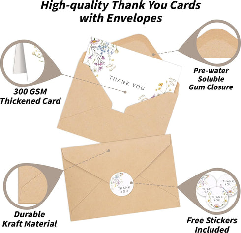 600 4x6 Inch, 6 PCS Floral Thank You Cards with Envelopes and Stickers, Wildflower Designs Thank You Notes, Greeting