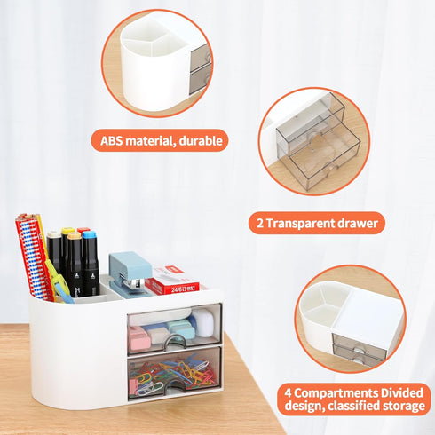 LETURE Desk Organizer Caddy with Drawer, White Office Supplies Holder for Business Cards, Pens, and Stationery