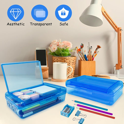 Double Layer Large Capacity Pencil Box, Plastic Translucent Hard Pencil Case with Snap-Tight Lid