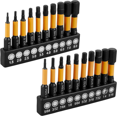 20Pcs Impact Hex Head Allen Wrench Drill Bit Set, SAE and Metric 1/4" Hex-Shank S2 Alloy Steel Kit
