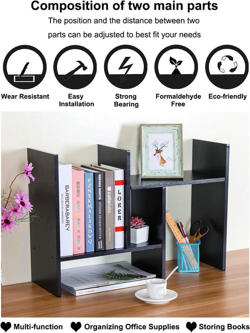 PAG Adjustable Desktop Shelf Wood Small Bookshelf Desk Supplies Organizers and Accessories Storage Display Rack, Black