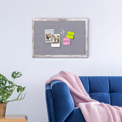 Gray Felt Cork Board Bulletin Board - Decorative Hanging Cork Boards with White Rustic Wood Frame