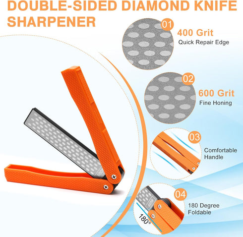 3PCS Garden Tool Sharpener, 2PCS Double-Sided Diamond Knife Sharpener and 1PCS Retractable Rod for Gardening