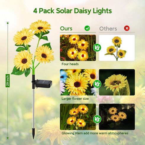 4 Pack 16 WdtPro Solar Lights Outdoor Garden Decor, Garden Lights with Glowing Daisy Flowers, Solar Flowers Outdoor