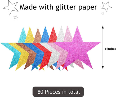 Gejoy 80 Pieces Glitter Star Cutouts, 6 Inches Length Paper Star Confetti for Classroom Wall Party Decoration