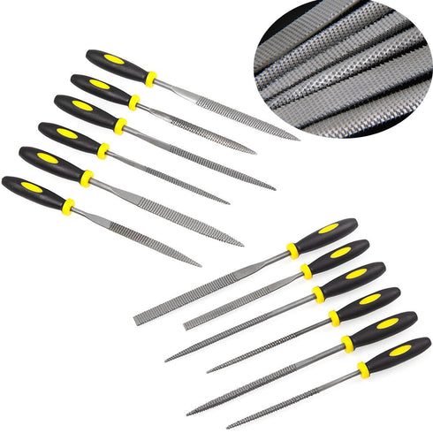 Wood Rasp File Kit - 12 Assorted Small Metal Needle Files Set with Brush and Hand Strap Carrying Case