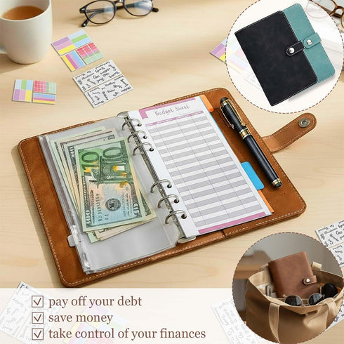 Divguf A6 Set, 6-Ring 12 5 6 Budget Binder Soft PU Leather Notebook with Budget Sheets, Colorful Divider Pages, PVC