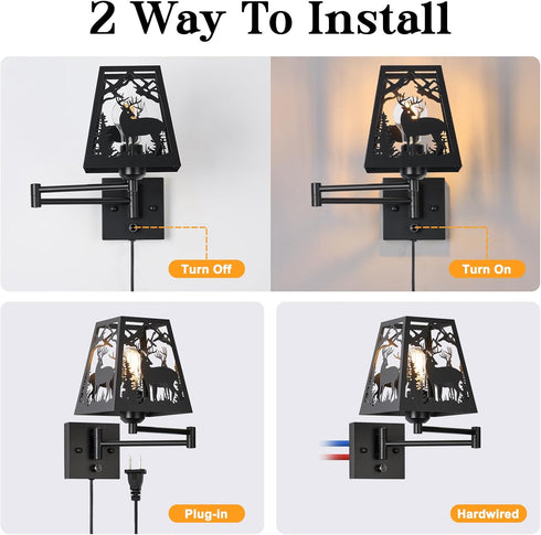 Dimmable Dimmer Rustic Plug in Deer Wall Sconces, Swing Arm Wall Lamp with Plug in Cord and On/Off Rotary Switch