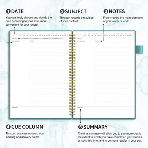 Regolden-Book Cornell Notes Notebook, Study Note Taking System, Spiral Notebooks, College Ruled Steno Pads for School