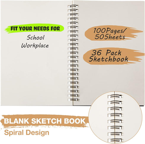Epakh 36 Pack Blank Unlined Spiral Notebook, A5 Soft Cover Memo Notepad, 100 Pages, 8.3 x 5.5 Inches (Black)
