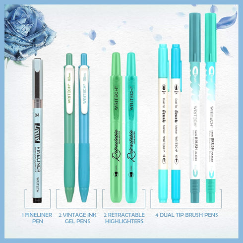 WRITECH Journaling Kit, 9 Count Gel Ink Pens, Retractable Highlighters, Dual Tip Brush Pens, Pen Bag