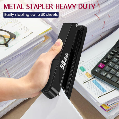 Metal Stapler, Heavy Duty 50 Sheet Capacity, Includes 1750 Staples and Staple Remover, Non-slip Office Stapler, Black