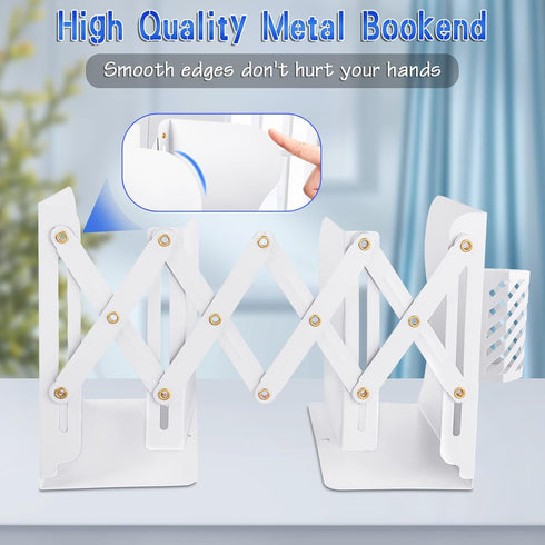 Heavy Duty Book Ends with Pen Holder - Adjustable Metal Book Ends for Shelves, Black Binder Organizer for Desk