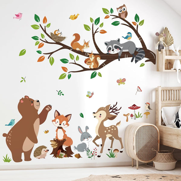 decalmile Woodland Animal Tree Branch Wall Decals Bear Fox Deer Forest Wall