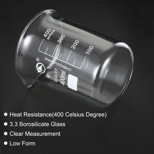 PATIKIL 400ml Low Form Glass Beaker, 2 Pack, 3.3 Borosilicate Glass with Graduated Scale for Kitchen Lab