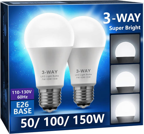Briignite 3 Way LED Light Bulbs, 50 100 150W Equivalent Daylight 5000K A19 Light Bulbs E26 Base, 2 Pack