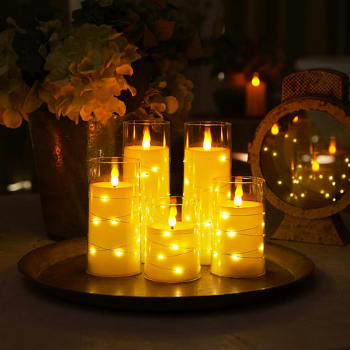 Set 5(H4 5" 6" 8" 8") Homemory Flameless Candles with Embedded Star String Fairy Lights, Battery Operated Candles, LED