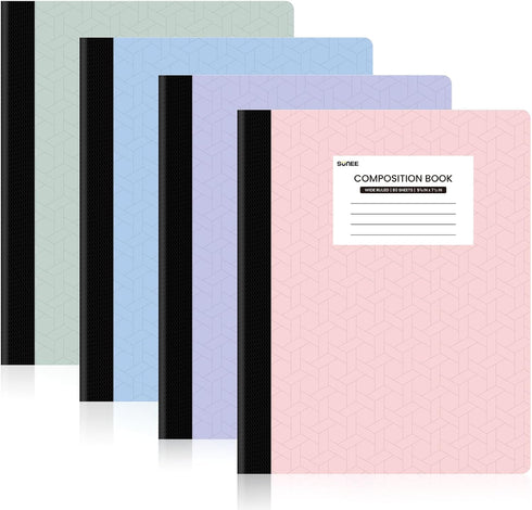 SUNEE Composition Notebooks (4 Pack), Wide Ruled Paper, 9 3/4" x 7 1/2", 80 Sheets/160 Pages, Assorted Colors