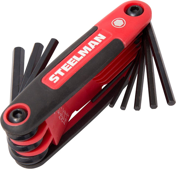 Steelman Portable Folding Hex Key Wrench Multi-Tool, Standard (SAE), Set Includes 9 Sizes with Rubberized Grip