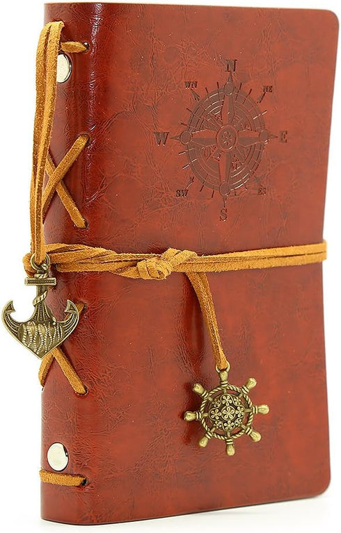 EvZ Leather Writing Journal Notebook, 5 Inches Vintage Nautical Spiral Blank Diary Notepad, Red Brown.