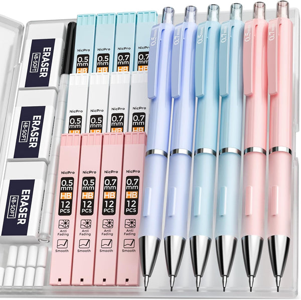 Nicpro 6PCS Pastel Mechanical Pencil Set, 0.5 & 0.7mm with 12 Tubes HB Lead Refills, 3 Colors