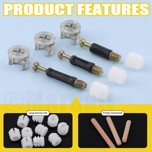 270Pcs 3 in 1 Furniture Connecting Kit with Wood Dowel Pins, Nickel Plated Cam Lock Nuts, Screws, Bolts