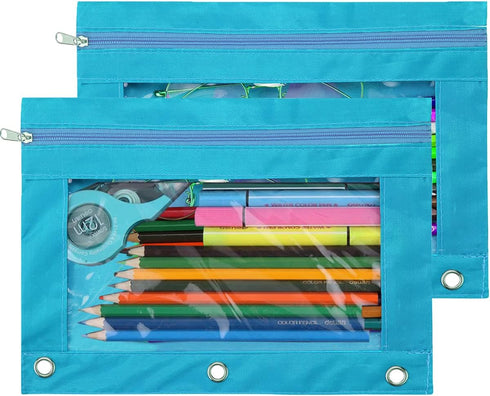 Pencil Pouch 3 Ring, Zipper Pencil Pouches Case Binder Cosmetic Bag, Black 2 Pack